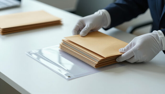 Gloved hand handling paper envelope stack in office document sorting scene