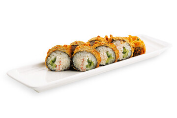 Breaded sushi rolls with rice, seafood filling, cucumber and avocado arranged on a white rectangular plate, isolated food presentation © Кирилл Горшков