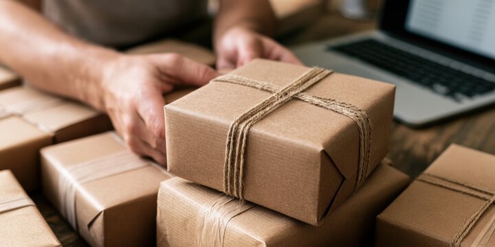 Hands Arranging Brown Kraft Paper Boxes with Twine on a Wooden Table with Laptop, E-commerce Shipping and Small Business Concept