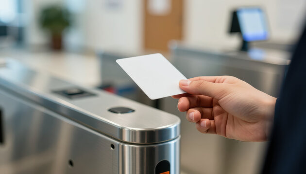 Access card hand security turnstile access control office card reader entrance stainless steel close up credential authentication permission gate modern business workplace technology human hand