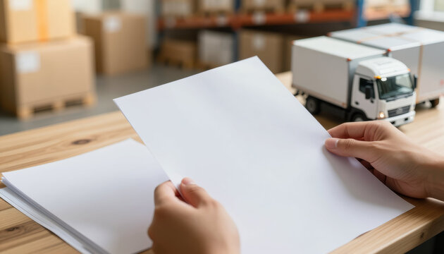Paper document hand delivery truck cargo box warehouse logistics dispatch shipment transport business blank paper table office parcel distribution import export supply inventory planning order