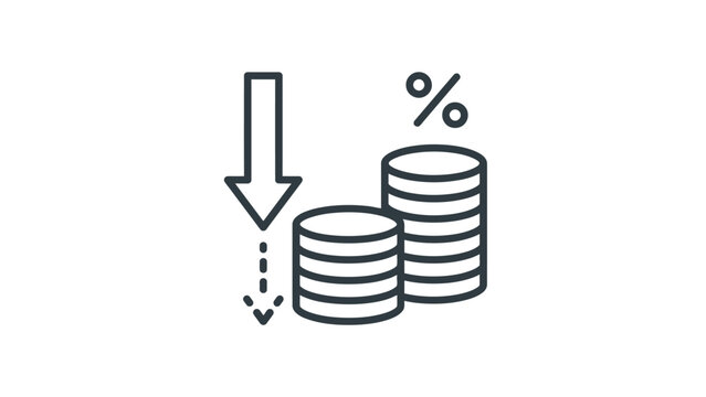 Financial percentage reduction vector graphic icon with stack of coins on white background