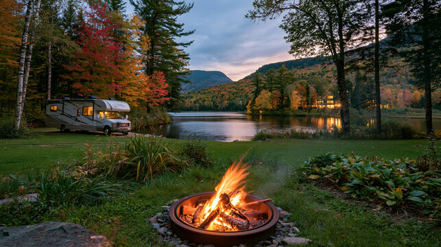 a serene lakeside retreat during autumn. A silver recreational vehicle, likely a motorhome, is parked beside a calm lake. The scene is bathed in the warm glow of the setting sun.