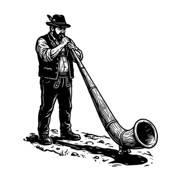 Traditional Swiss alphorn player wearing authentic folk costume while performing outdoors in black and white