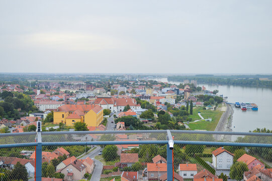 Croatian town Vukovar on Danube river, photographed from legendary water tower