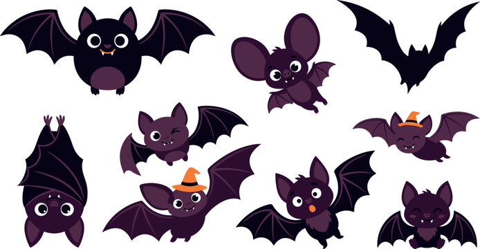 Cute cartoon Halloween bats character vector illustration set with flying and hanging poses on white
