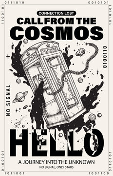 Vintage telephone booth floating inside deep outer space surrounded by planets and floating asteroids