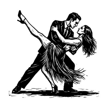 Elegant couple performing passionate tango dance steps in dramatic black and white woodcut style