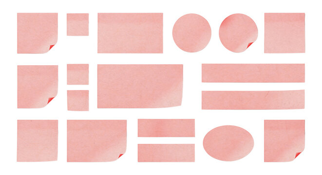 Set of various pink sticky notes and paper labels isolated on transparent background