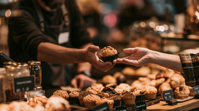 a bakery counter shows a person handing a muffin to another person. The person handing the muffin is wearing a dark shirt and a plaid shirt. The counter displays a variety of baked goods.