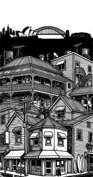 Detailed black and white linocut vector print depicting historic Australian city architecture and iconic landmarks