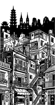 Detailed black and white linocut woodblock engraving illustration depicting busy urban architectural cityscape scenes