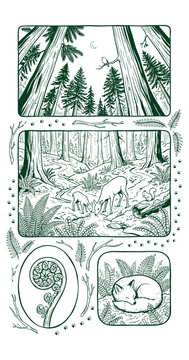Hand drawn green forest wildlife panels featuring deer fox trees and woodland fern elements
