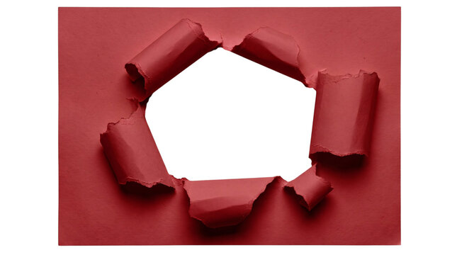 Red paper with a torn pentagon-shaped hole isolated on transparent png