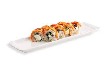 Sushi rolls with orange fish topping, rice, vegetables, and filling arranged in a row on a long white rectangular serving plate isolated on white background © Кирилл Горшков