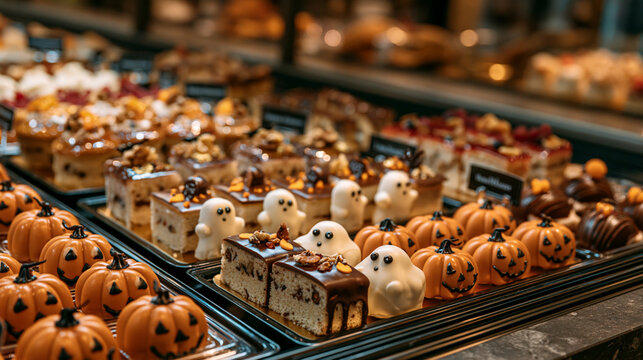 a display case filled with a variety of Halloweenthemed desserts. The main subject is a collection of cakes and pastries, each with a unique design and color palette.