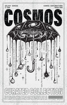 Surreal vintage magazine cover featuring glowing celestial galaxy umbrellas with dripping starry rain typography design