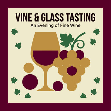 Wine tasting poster featuring golden glasses and purple grapes surrounded by green leaves for events