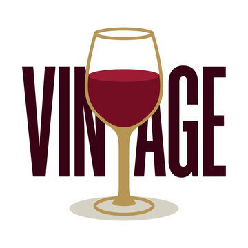 Elegant wine glass filled with deep red liquid featuring bold vintage typography lettering design