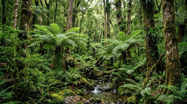 Lush Green Temperate Rainforest with Giant Tree Ferns and a Small Stream Flowing Through the Wilderness