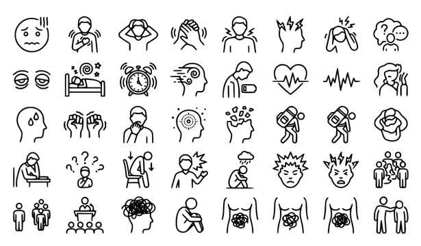 Stress Symptoms and Emotional Wellbeing Outline Icons Set with Editable Stroke