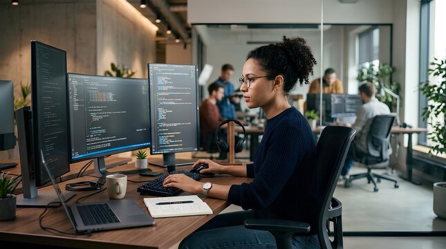 Young female programmer writing code on multiple computer monitors in modern office