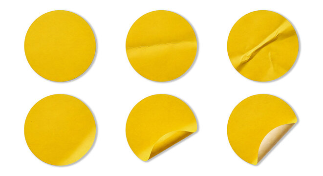 Set of yellow round adhesive paper stickers with different textures and peeling corners isolated on transparent background
