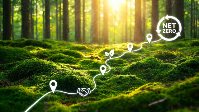 Net Zero sustainability path through a mossy forest