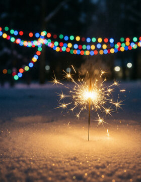 Burning sparkler stuck in snow at night with festive lights, New Year celebration