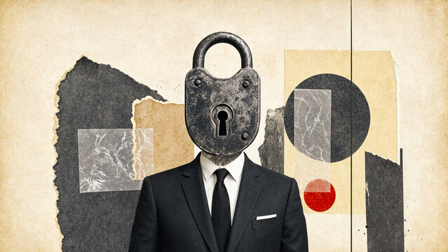 Businessman with padlock head in abstract collage