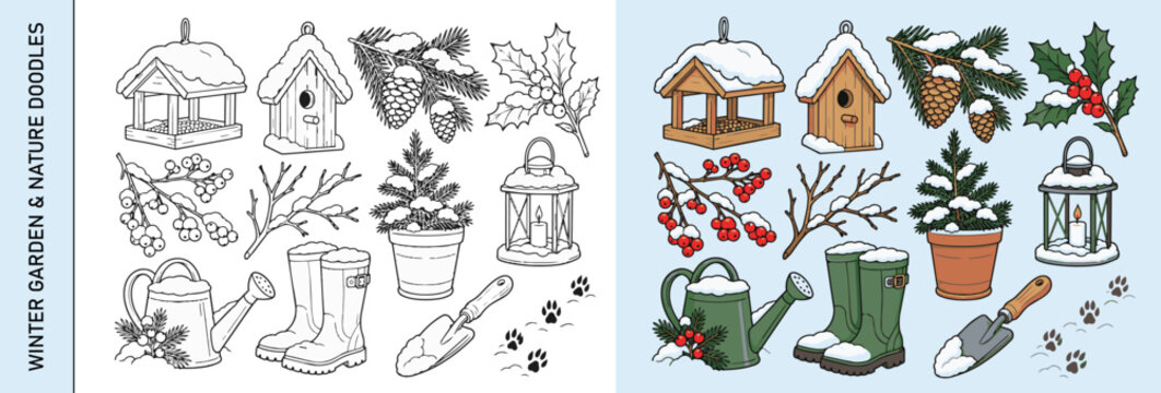 Winter garden and nature vector set with bird feeder, snowy branches, lantern and garden tools