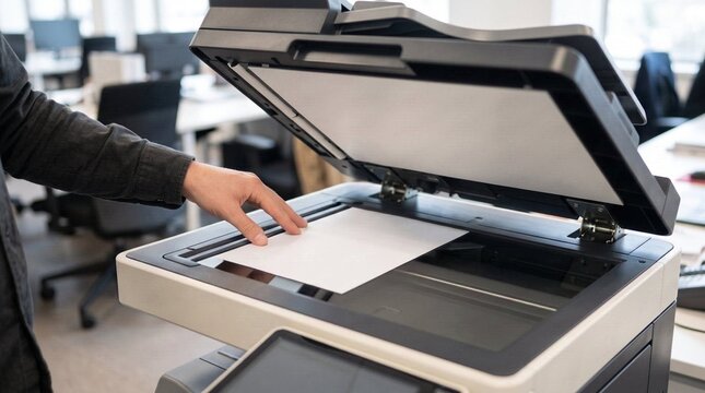 Person placing document on flatbed scanner glass of multifunction printer in open office