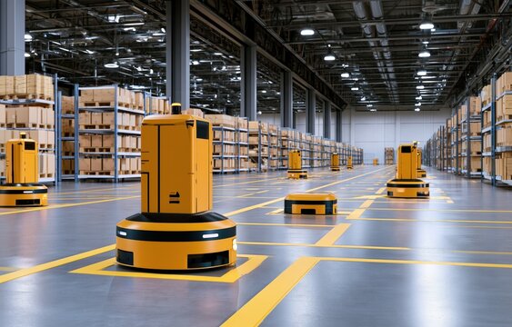 Automated logistics warehouse with autonomous machines in operation