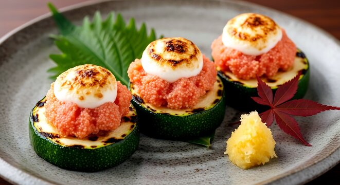 zucchini no mentaiko-yaki (grilled zucchini with spicy cod roe). thick zucchini rounds grilled, each topped with dollop of creamy mentaiko (spicy cod roe) mixture on top 
