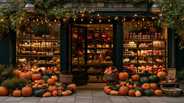 a cozy autumnal setting, likely a grocery store. The main subject is the stores entrance, illuminated by string lights and decorated with pumpkins and gourds, creating a warm and inviting ambiance.