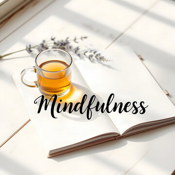 Mindfulness script typography on cozy morning tea and lavender notebook flat lay