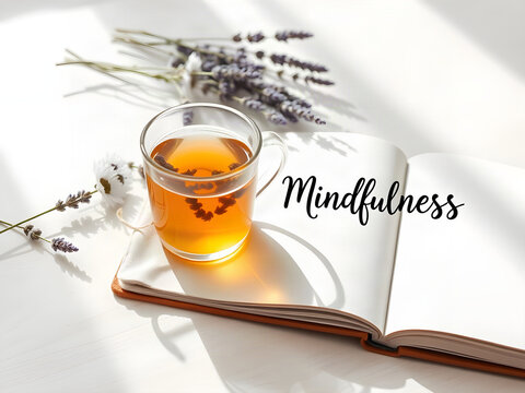 Mindfulness script typography on cozy morning tea and lavender notebook flat lay