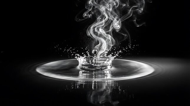 Water splash creating crown shape with rising steam in black and white for dramatic effects and conceptual designs.