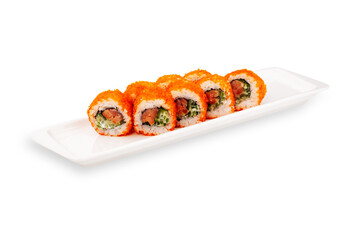 Assorted sushi rolls with orange coating, rice, vegetables, and filling arranged on a long white ceramic plate isolated on a white background © Кирилл Горшков