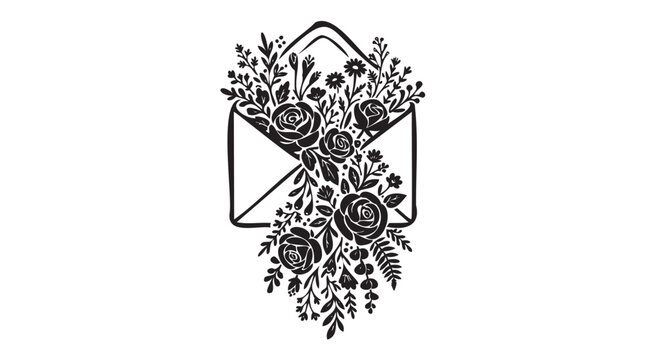 Black and white floral envelope vector illustration, elegant botanical bouquet letter, wedding invitation design element