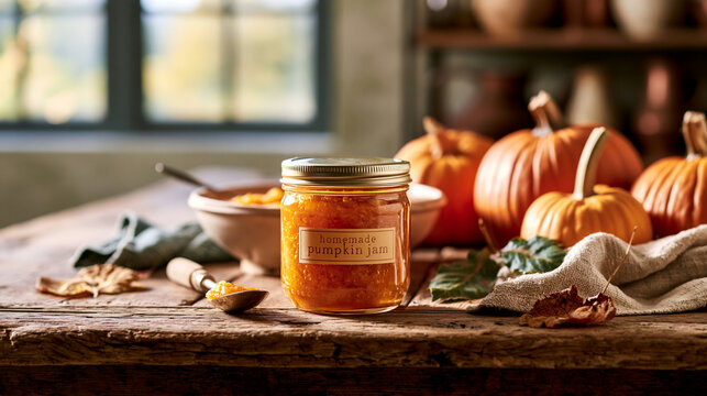 a rustic wooden table with a jar of homemade pumpkin jam in the center. The jar has a label reading homemade pumpkin jam. Surrounding the jar are several pumpkins, a bowl of pumpkin puree.
