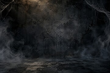 Naklejka premium Dark empty concrete Halloween background with smoke and corner cobwebs