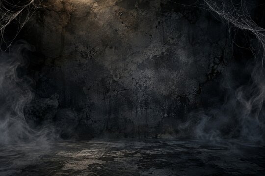 Dark empty concrete Halloween background with smoke and corner cobwebs