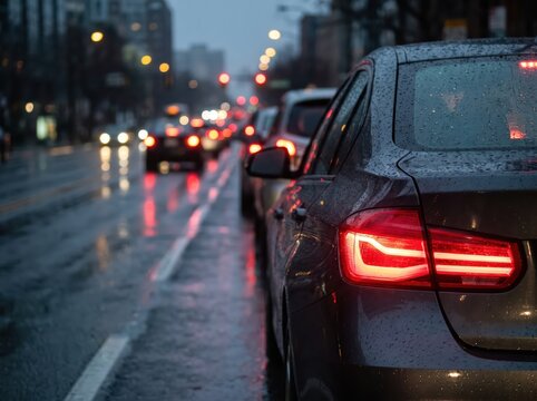 Vehicle Waiting at a Red Signal on a Rainy Urban Road at Night Illustrating Challenging Traffic Conditions