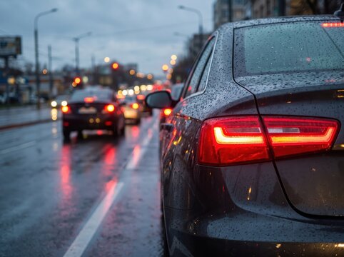 Vehicle Waiting at a Red Signal on a Rainy Urban Road at Night Illustrating Challenging Traffic Conditions