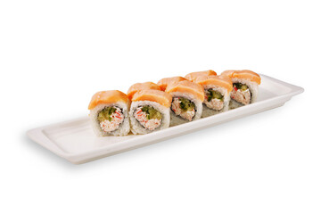 Sushi rolls with rice, seafood and vegetables arranged on a long white rectangular serving plate isolated against a clean white background © Кирилл Горшков