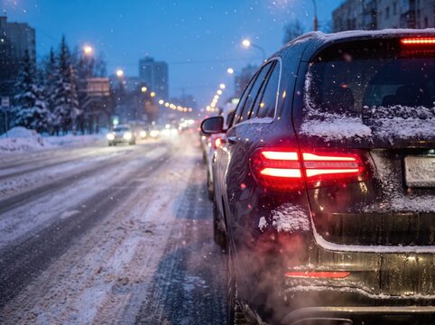Car Waiting at a Red Traffic Signal on a Snow-Covered City Street at Night in Winter Driving Conditions
