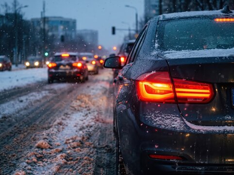 Car Waiting at a Red Traffic Signal on a Snow-Covered City Street at Night in Winter Driving Conditions