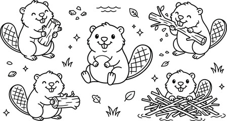 Cute beaver cartoon character holding wood logs coloring page icons set © PJ DeSign