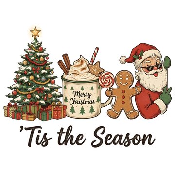 Tis The Season Christmas Clipart with Decorated Tree, Hot Cocoa, Gingerbread Man and Cool Santa